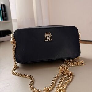 Tommy Hilfiger Black Leather Crossbody with Gold Chain and Logo